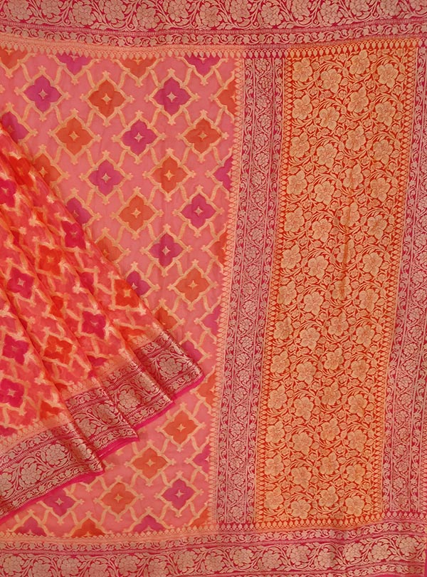 Peach multi color chiffon Banarasi saree with hand painted rangkaat work (1) main
