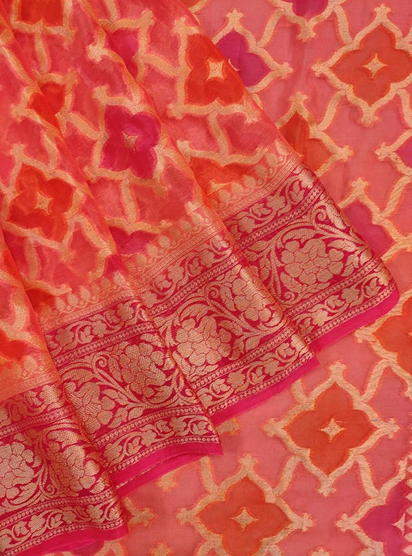 Peach multi color chiffon Banarasi saree with hand painted rangkaat work (2) close up