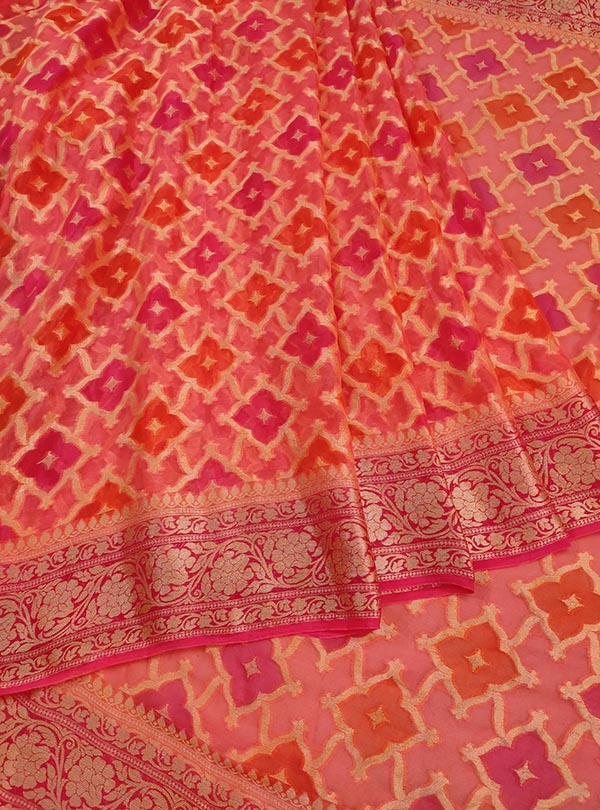 Peach multi color chiffon Banarasi saree with hand painted rangkaat work (3) center