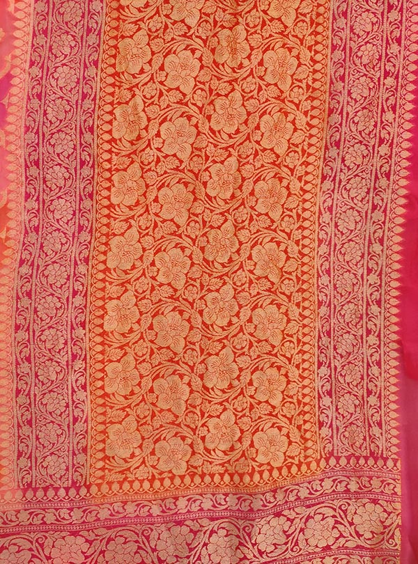 Peach multi color chiffon Banarasi saree with hand painted rangkaat work (4) anchal