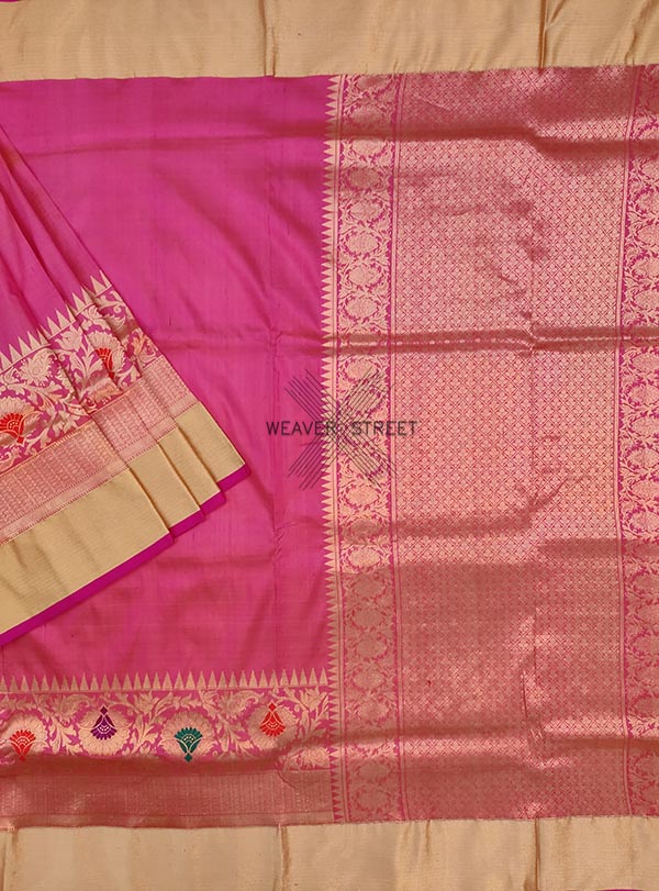 Pink Katan silk Handwoven Banarasi saree with meenedar floral skirt border (1) Main