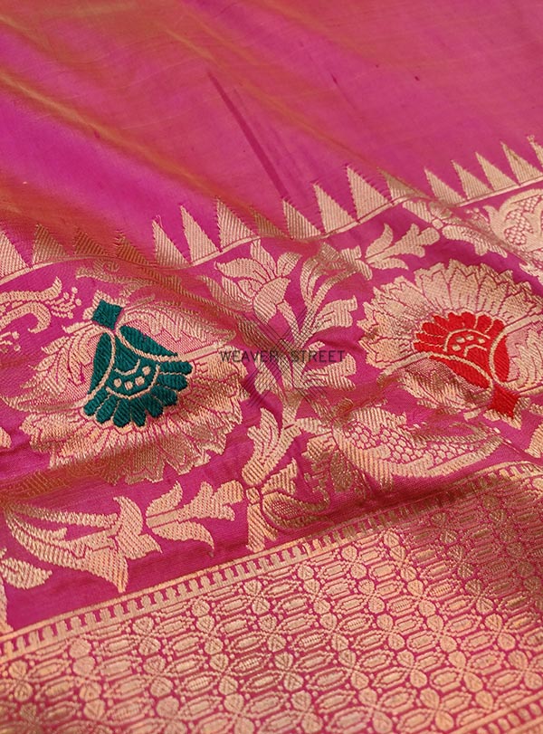 Pink Katan silk Handwoven Banarasi saree with meenedar floral skirt border (2) Zoom