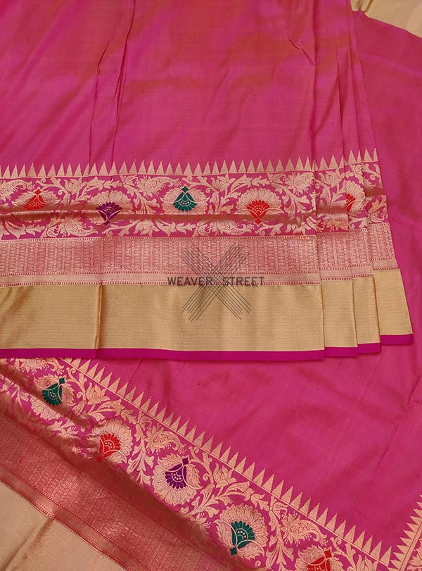 Pink Katan silk Handwoven Banarasi saree with meenedar floral skirt border (4) Center