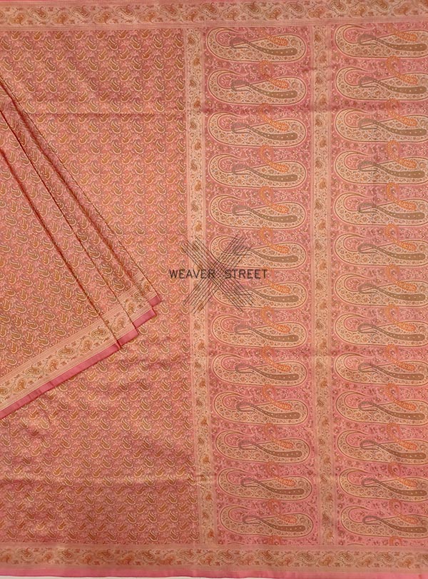 Pink Katan silk Handwoven Tanchoi Jamawar Banarasi saree with paisley jaal (1) Main