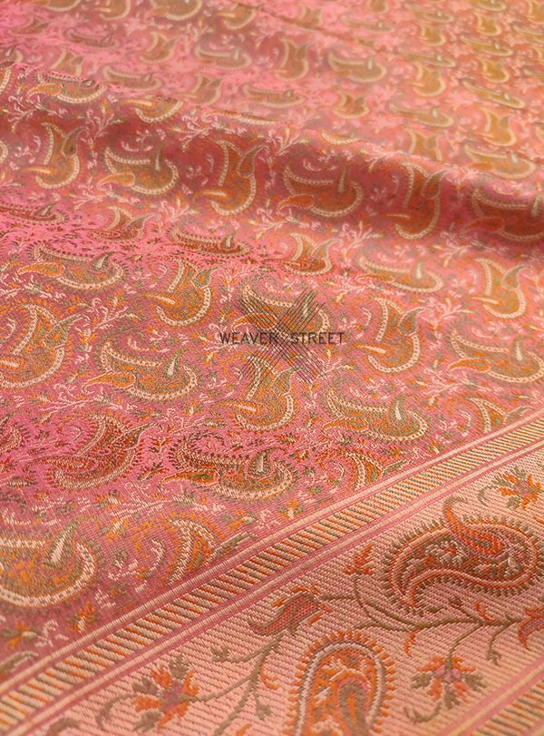 Pink Katan silk Handwoven Tanchoi Jamawar Banarasi saree with paisley jaal (2) Zoom