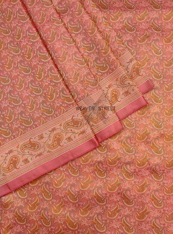 Pink Katan silk Handwoven Tanchoi Jamawar Banarasi saree with paisley jaal (3) Close up