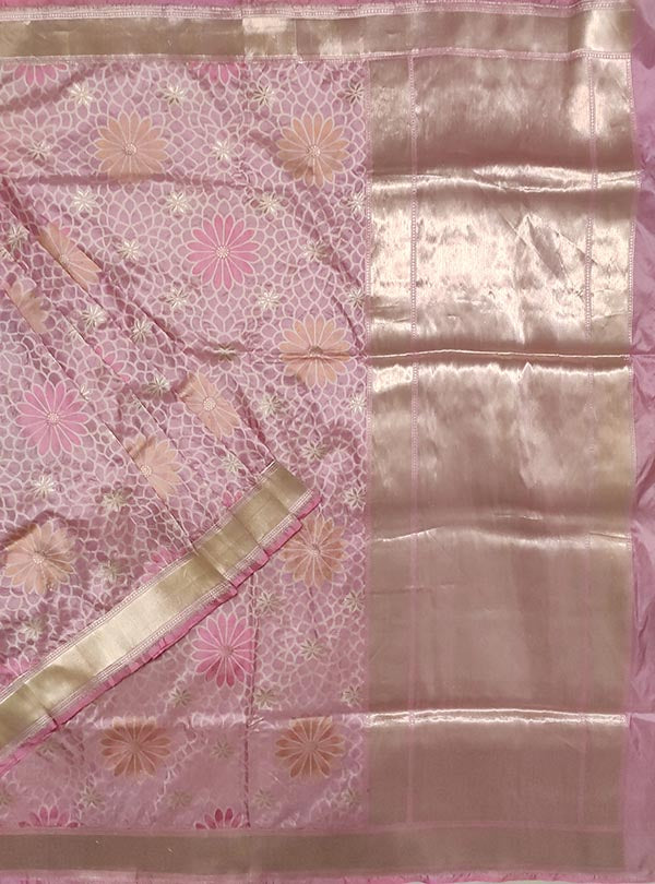 Pink Katan silk handloom Banarasi saree with multi color flower boota (1) main