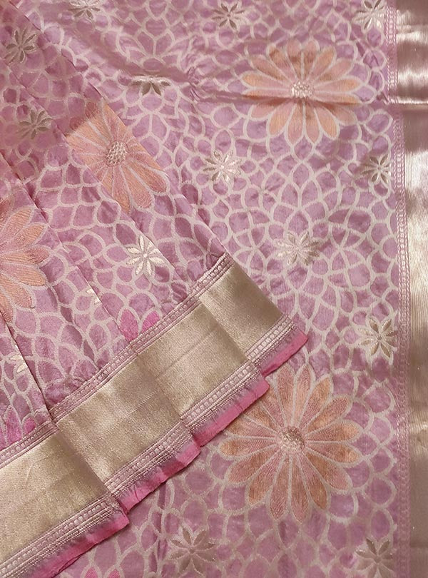 Pink Katan silk handloom Banarasi saree with multi color flower boota (2) close up