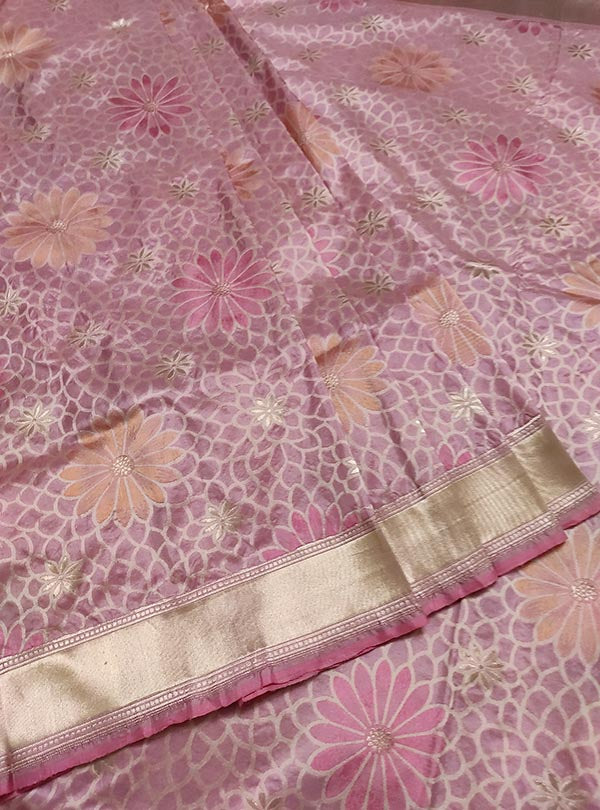Pink Katan silk handloom Banarasi saree with multi color flower boota (3) center