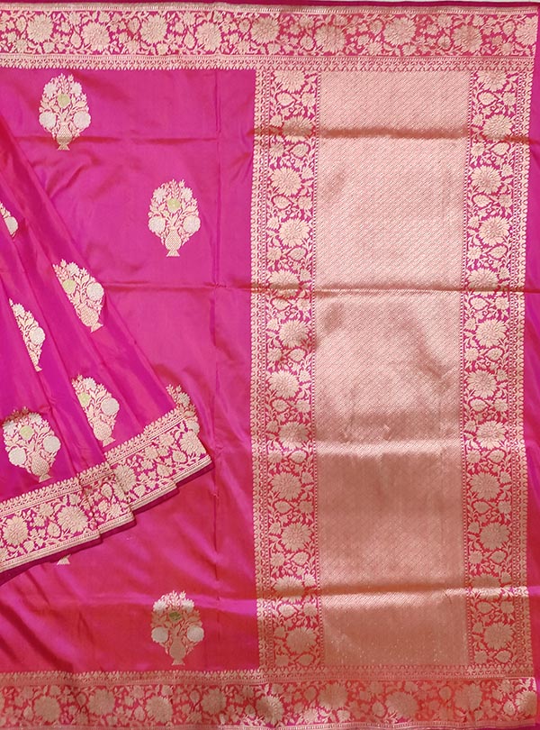 Pink Katan silk handloom Banarasi saree with multi meena flower pot boota (1) main