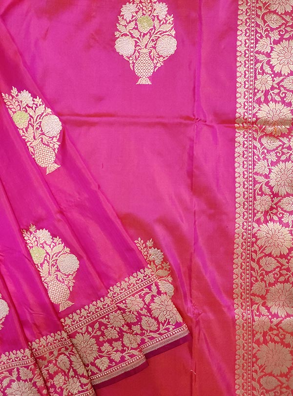 Pink Katan silk handloom Banarasi saree with multi meena flower pot boota (2) close up