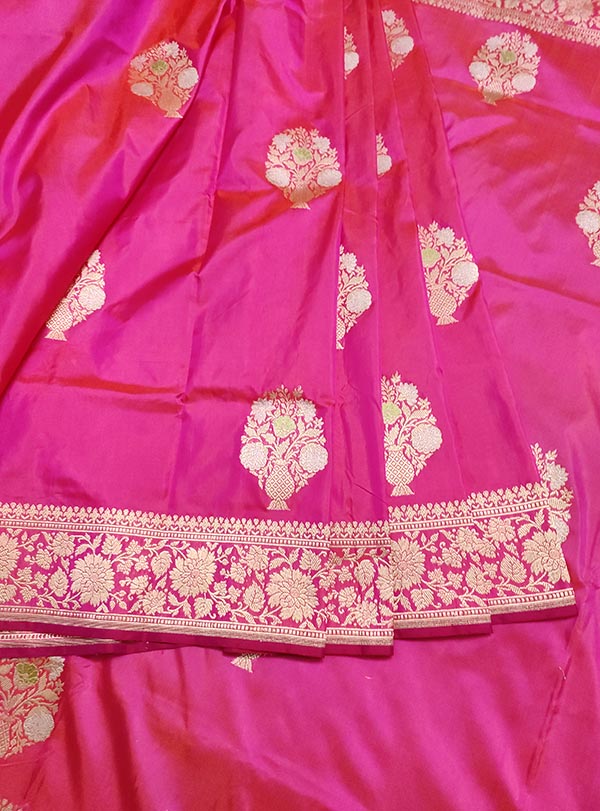 Pink Katan silk handloom Banarasi saree with multi meena flower pot boota (3) center