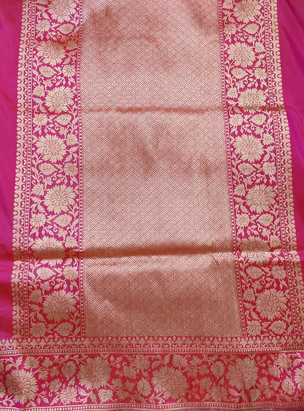 Pink Katan silk handloom Banarasi saree with multi meena flower pot boota (4) anchal