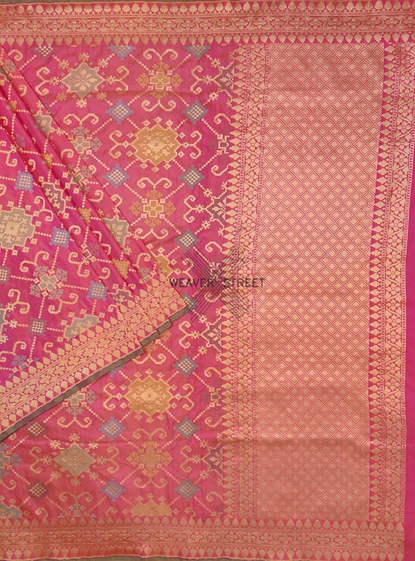 Pink Katan silk handwoven Banarasi saree with multicolor ikat patola jaal (1) Main