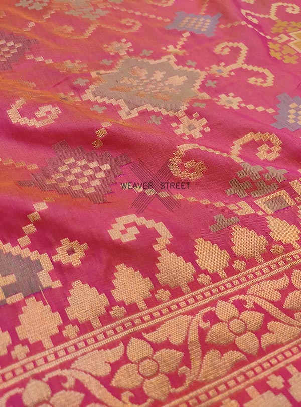 Pink Katan silk handwoven Banarasi saree with multicolor ikat patola jaal (2) Zoom