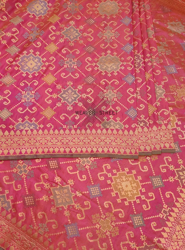 Pink Katan silk handwoven Banarasi saree with multicolor ikat patola jaal (4) Center