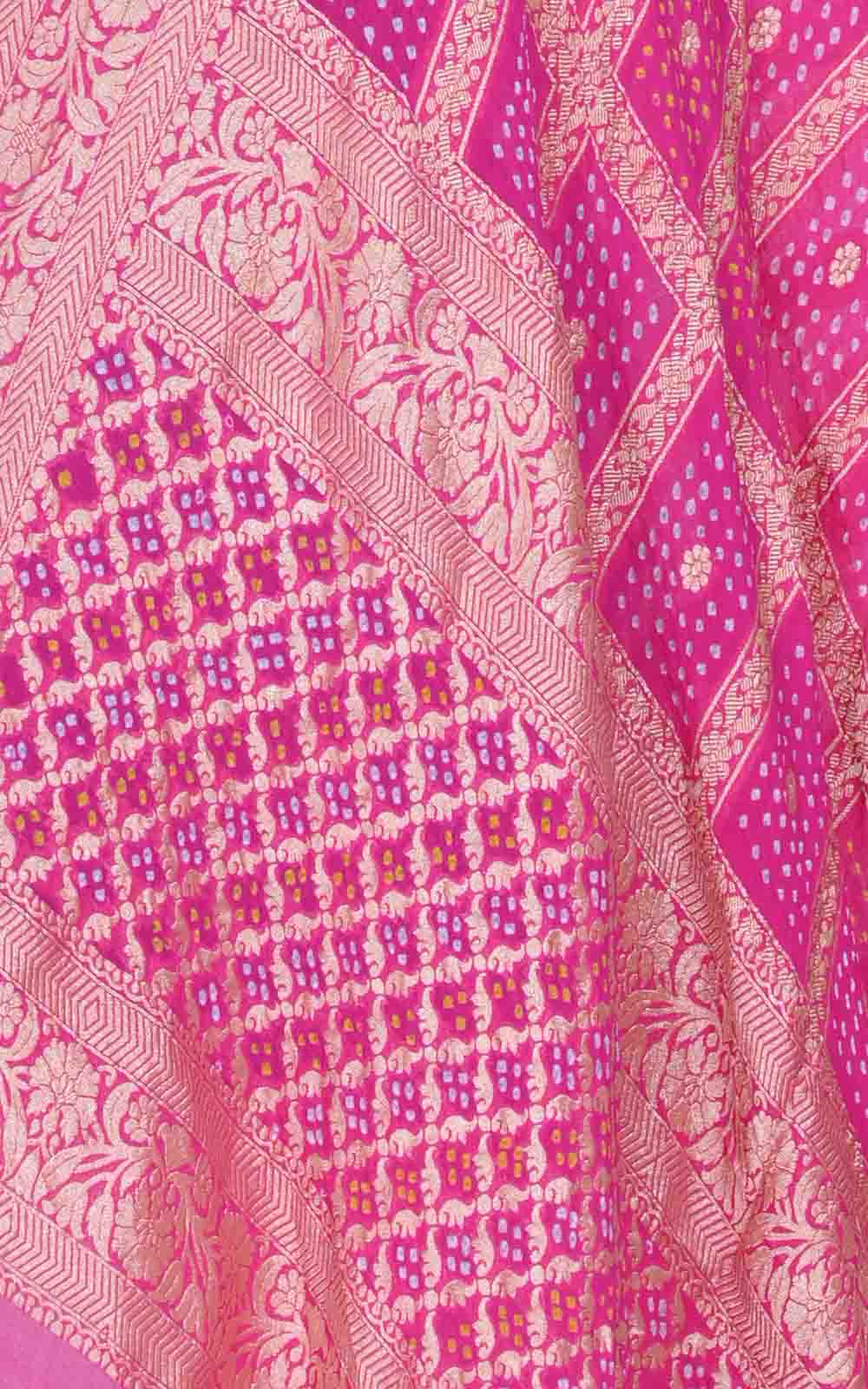 Pink Khaddi georgette Bandhani dupatta with square jaal (2) closeup