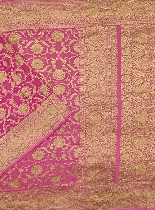 Pink Khaddi georgette Handwoven Banarasi saree with asthetic jaal (1) Main