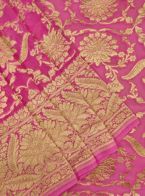 Pink Khaddi georgette Handwoven Banarasi saree with asthetic jaal (2) Close up