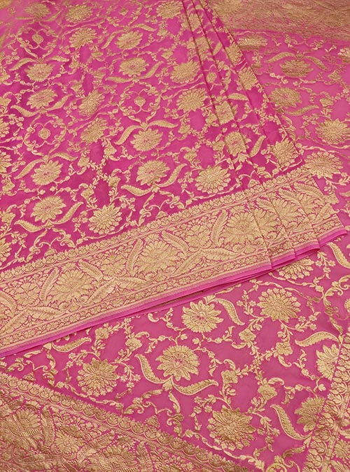 Pink Khaddi georgette Handwoven Banarasi saree with asthetic jaal (3) Center