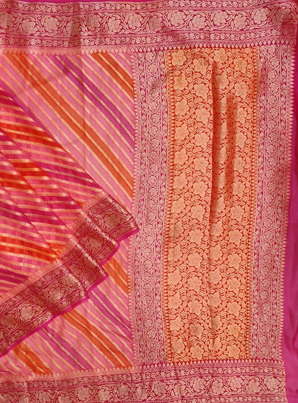 Pink Orange multi color Lehariya chiffon Banarasi saree (1) main