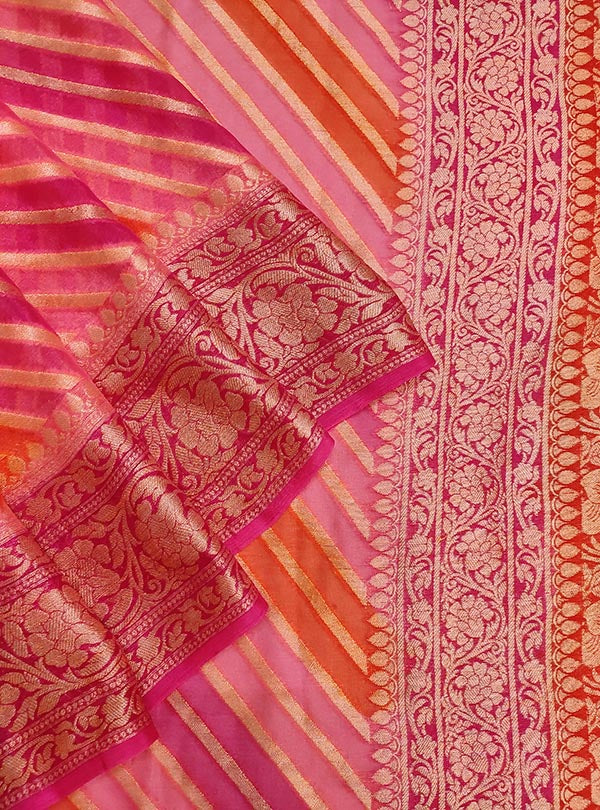 Pink Orange multi color Lehariya chiffon Banarasi saree (2) close up