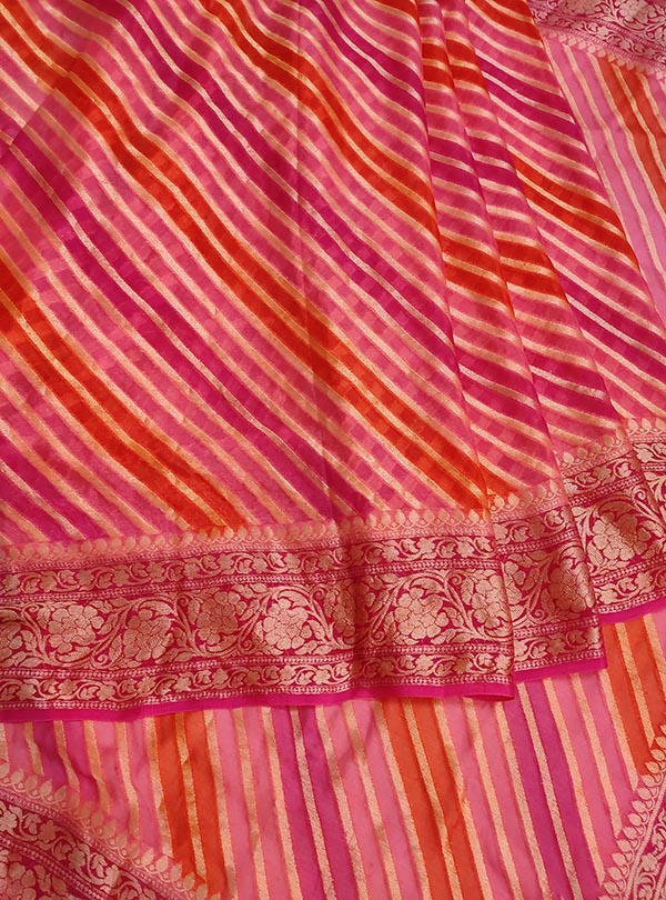 Pink Orange multi color Lehariya chiffon Banarasi saree (3) center