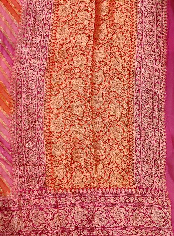 Pink Orange multi color Lehariya chiffon Banarasi saree (4) pallu