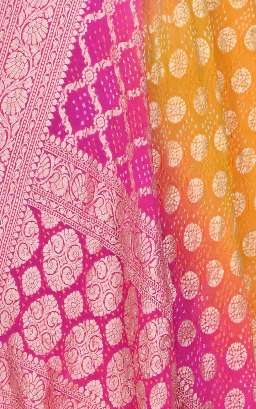 Pink Yellow Khaddi georgette Bandhani dupatta with round buti (2) closeup