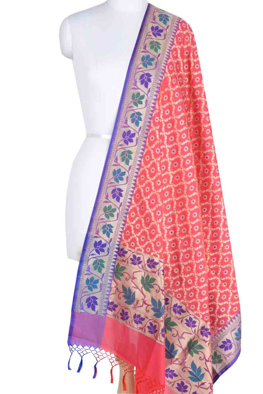 Pink Banarasi Dupatta with leaf jaal and floral motifs (1) Main