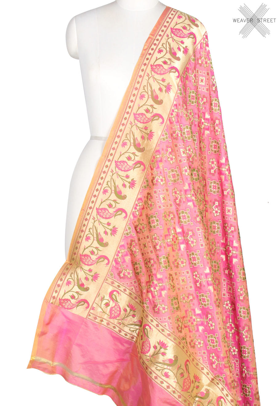 Pink Katan Silk Handwoven Banarasi Dupatta with paithani border (1) Main