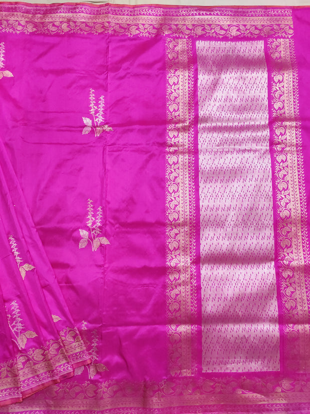 Pink Katan silk handloom Banarasi saree with tulsi plant kadwa boota (1) Main