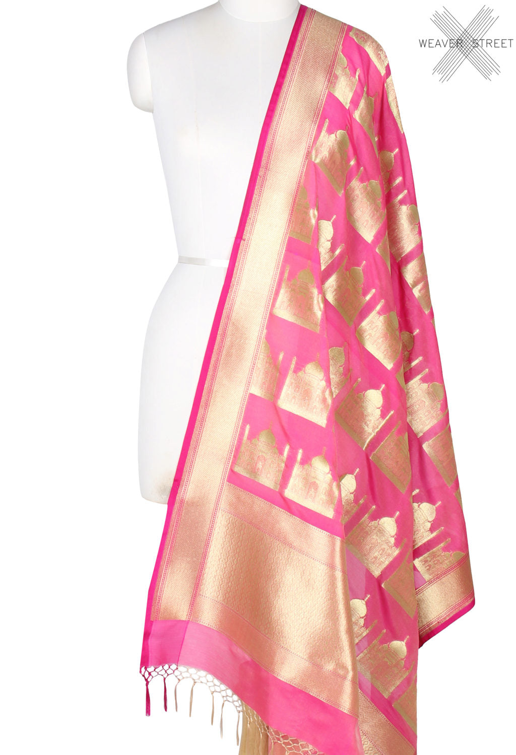 Pink art silk Banarasi dupatta with Taj mahal motifs (1) Main