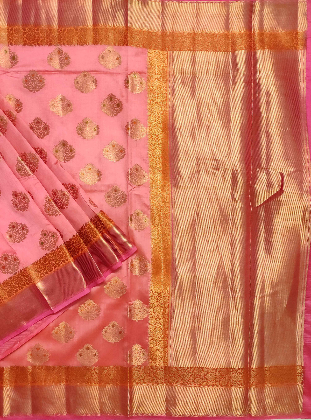 Pink muga chiniya silk Banarasi saree with handpainted meenedar flower booti (1) Main