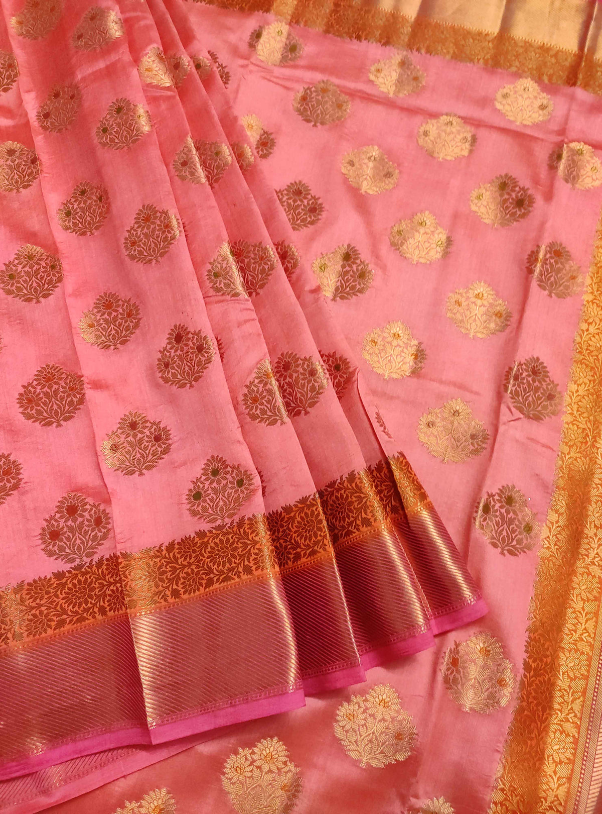 Pink muga chiniya silk Banarasi saree with handpainted meenedar flower booti (3) Front