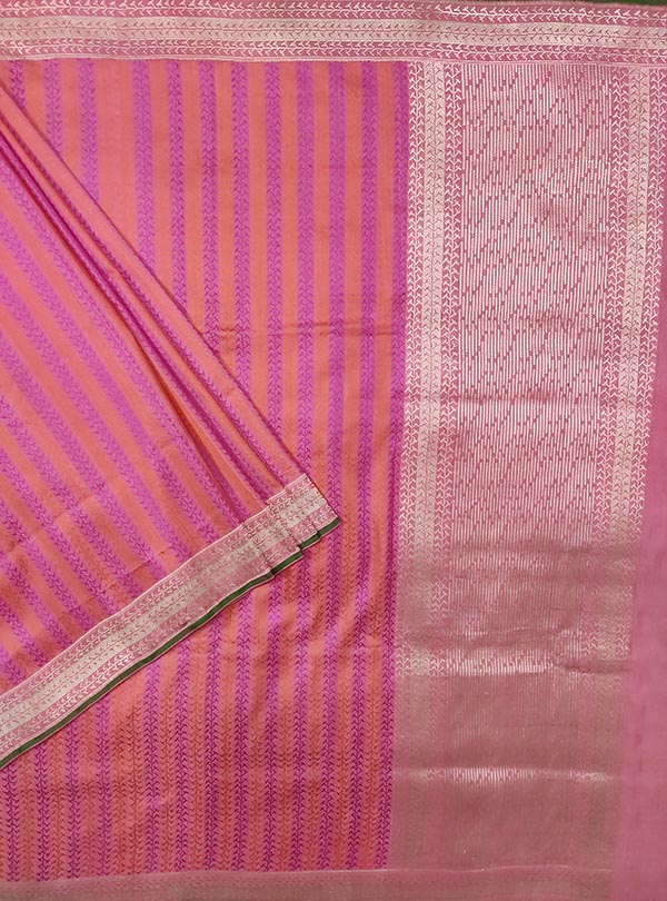 Pink katan silk Banarasi saree with stripes of artistic weave (1) main