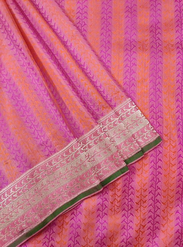 Pink katan silk Banarasi saree with stripes of artistic weave (2) close up