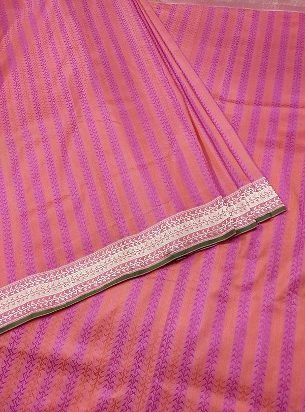 Pink katan silk Banarasi saree with stripes of artistic weave (3) center