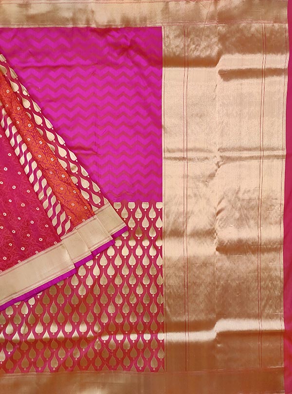 Pink katan silk handloom Banarasi saree with multiple patterns (1) Main