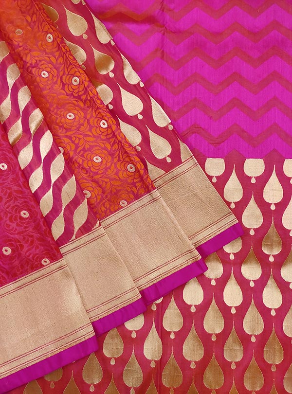 Pink katan silk handloom Banarasi saree with multiple patterns (2) Close up