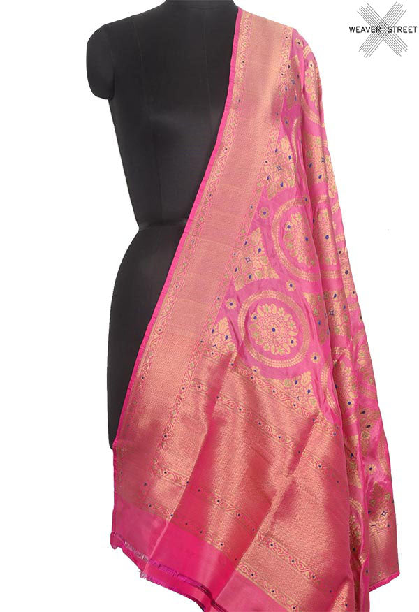 Pink katan silk handwoven Banarasi dupatta with patola jaal
