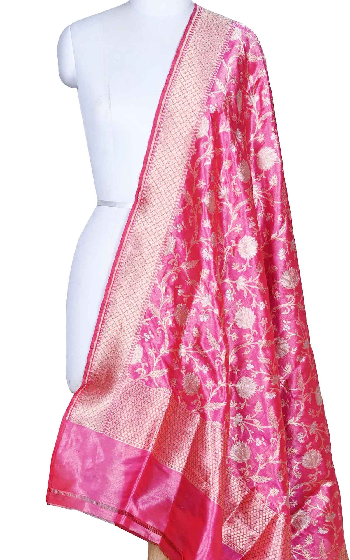 Pink katan silk tissue Banarasi dupatta with sona rupa floral jaal (1) Main