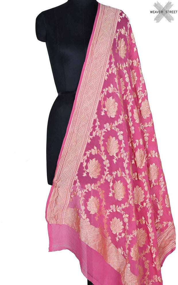 Pink khaddi georgette Banarasi dupatta with flower jaal (1) Main