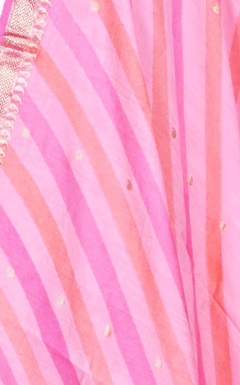 Pink lehariya muga silk Banarasi dupatta with diagonal strripes (2) Close up