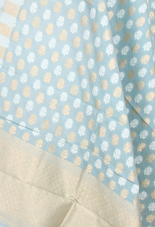 Powder Blue Silk Cotton Banarasi dupatta with dual color flower motifs (2) closeup