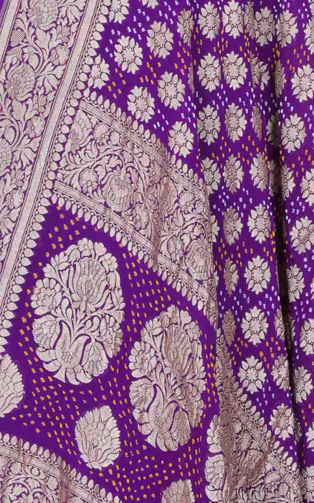 Purple Khaddi georgette Bandhani dupatta with flower buta (2) closeup