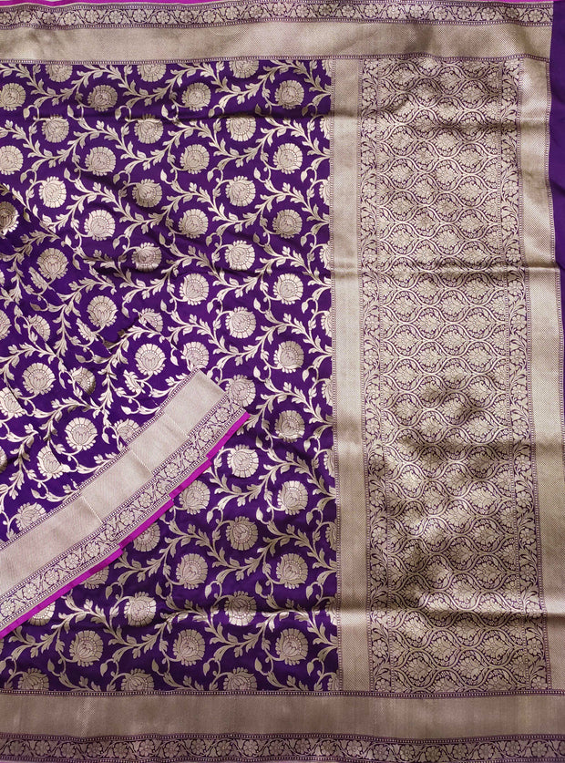 Purple Katan silk handloom Banarasi saree with flower jaal (1) Main