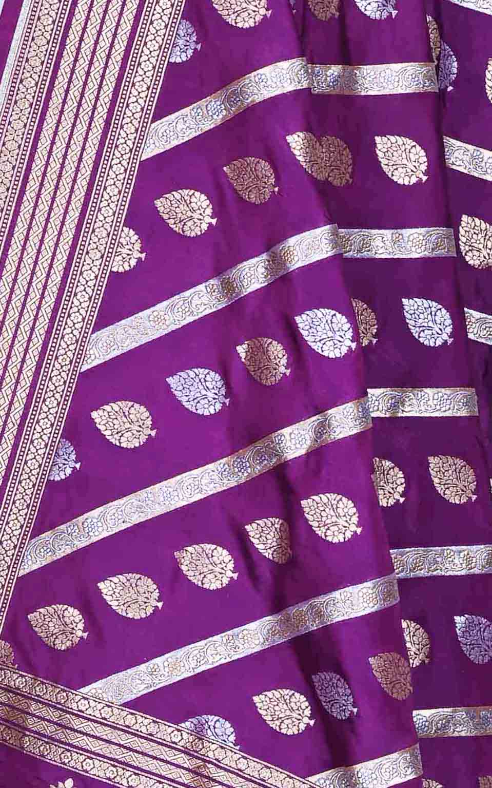 Purple katan silk Banarasi dupatta with diagonal leaf boota (2) Close up