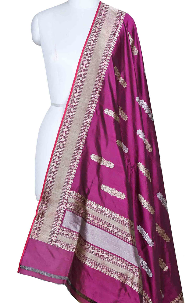 Purple katan silk Banarasi dupatta with stylized sona rupa boota (1) MainPurple katan silk Banarasi dupatta with stylized sona rupa boota (1) Main