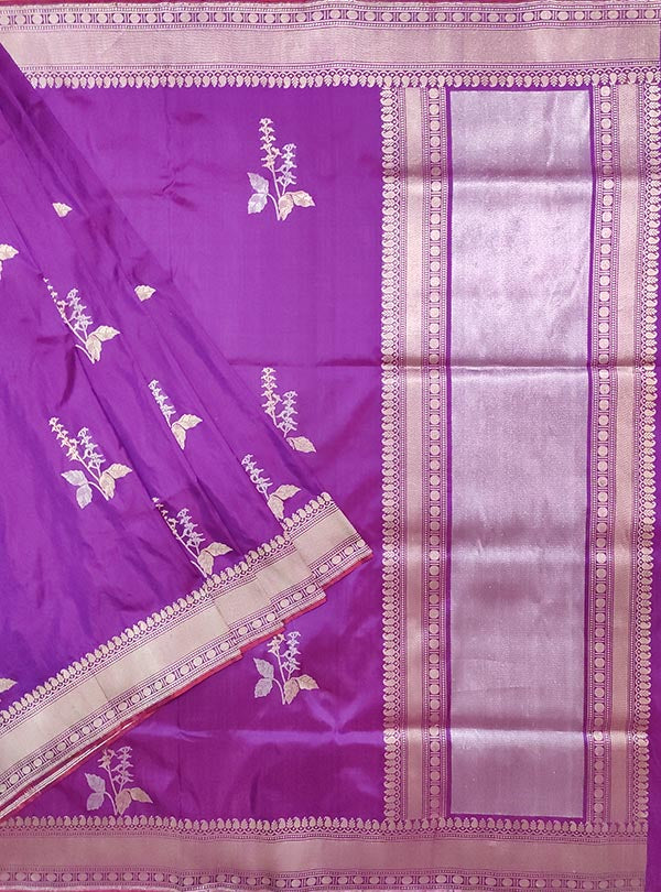 Purple katan silk Banarasi saree with tulsi plant boota in sona rupa zari (1) main